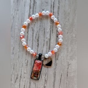 Elegant White And Orange Beaded Bracelet with Heart Charm